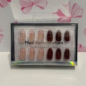Nail Reformation Almond Press On Nails Brown White Polka Dot French Tip 32 Nails